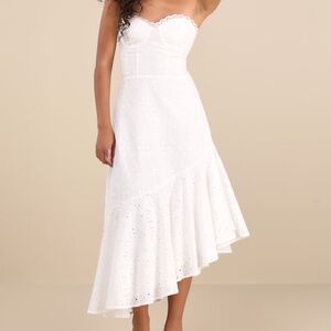 Lulus Andreia White Eyelet Bustier Asymmetrical Midi Dress - Size M